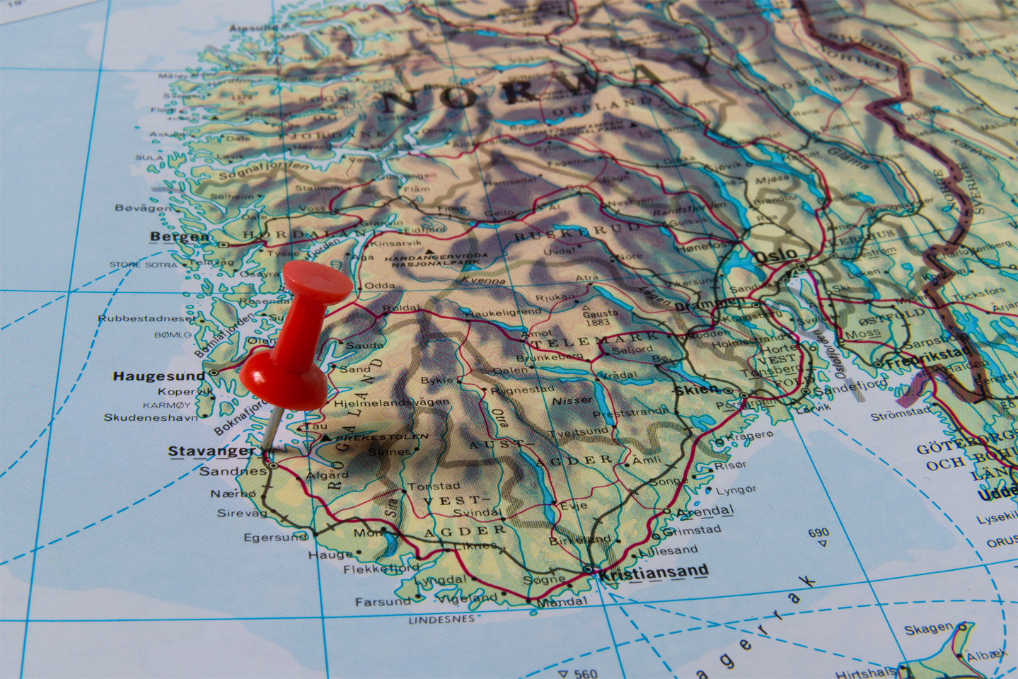 Stavanger Marked with Red Pushpin on Norway Map